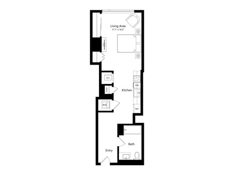a floor plan of a unit with a living area, kitchen, and bathroom.